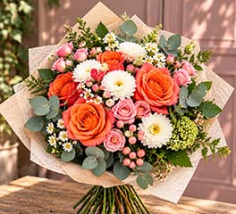 Bouquet champêtre aux tons orange, rose et blanc composé de roses et fleurs de saison, création artisanale Rosae à Hyères