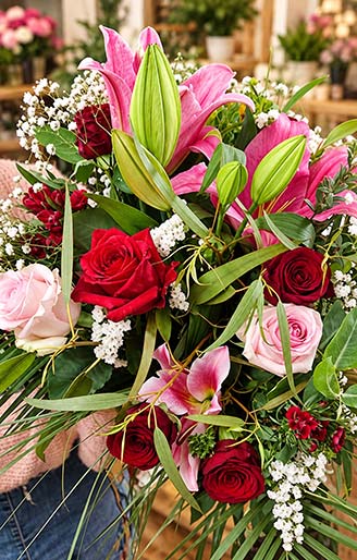 Bouquet de lys roses et de roses rouges et roses avec feuillage, création florale artisanale Rosae à Hyères