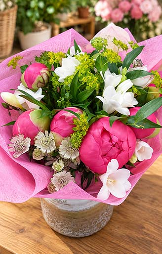 Bouquet de pivoines roses et fleurs blanches aux feuillages verts, création florale artisanale Rosae à Hyères