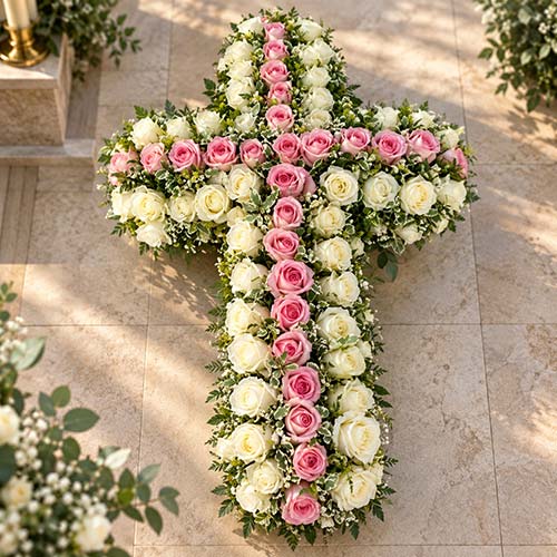 Composition florale de deuil en tons blancs roses et verts