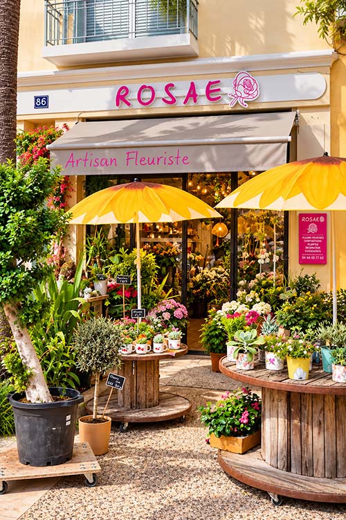 Devanture de la boutique Rosae, artisan fleuriste au 86 avenue Gambetta à Hyères, avec ses plantes et fleurs exposées