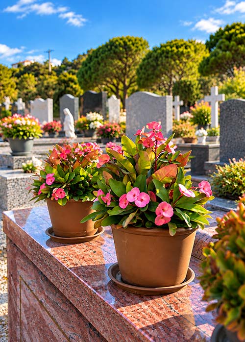 Plantes fleuries roses en pots sur une sépulture au cimetière de la Ritorte à Hyères, pour un hommage fleuri et soigné.