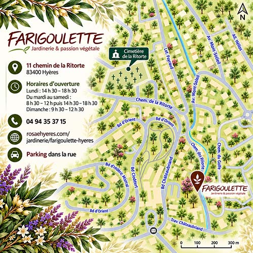 Plan d'accès à la jardinerie Farigoulette, 11 chemin de la Ritorte à Hyères