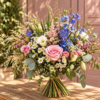 Bouquet champêtre aux roses, delphiniums bleus et camomille, composé par Rosae à Hyères