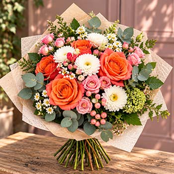 Bouquet rond de roses rouges et de lys, emballé et prêt à offrir, composé par Rosae à Hyères