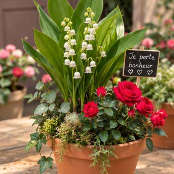 Pot de muguet et mini-rosier avec son étiquette « Je porte bonheur », chez Rosae à Hyères