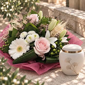 Composition florale pour crémation en roses pastel et gerberas blancs, réalisée par Rosae à Hyères