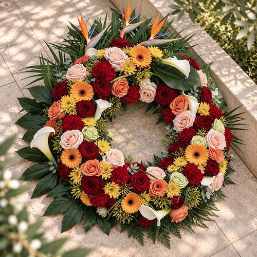 Couronne de deuil en roses, gerberas et arums aux tons chauds, réalisée par Rosae à Hyères