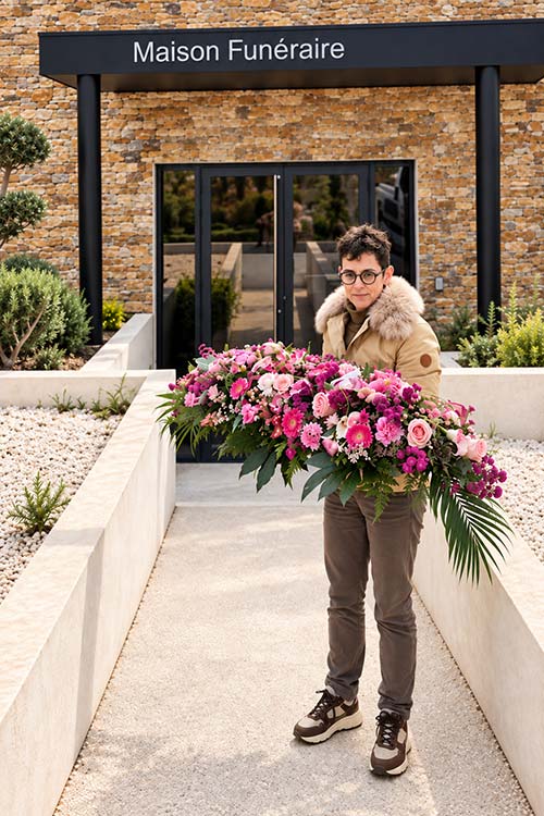 Accompagnement et livraison de fleurs de deuil – Rosae Hyères Livraison d’une composition florale de deuil par Rosae auprès d’une maison funéraire à Hyères