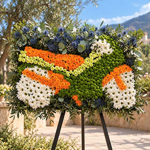 Raquette de deuil sur trépied en chrysanthèmes blancs, verts et orange, réalisée par Rosae à Hyères