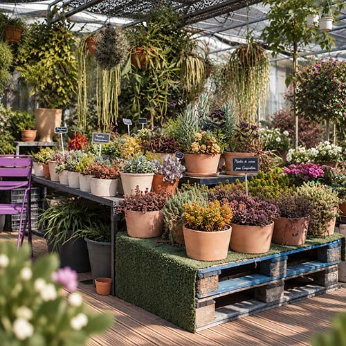 Serre de la jardinerie La Farigoulette à Hyères, plantes en pot et végétaux de saison