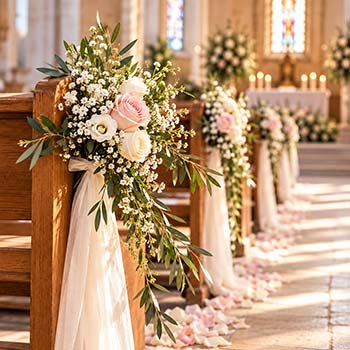 Décoration florale de mariage sur les bouts de bancs d’une église, réalisée dans des tons blancs et rose poudré à Hyères